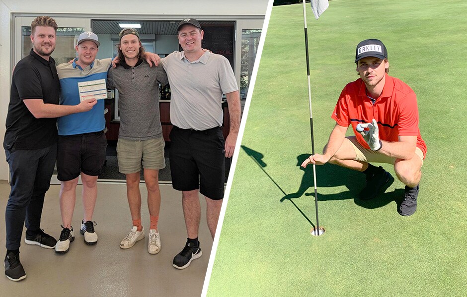 LANGDON JOEL WEB 244.jpg Ed Langdon and Joel Hamling hit hole in ones on Wednesday. - Fremantle,Fremantle Dockers